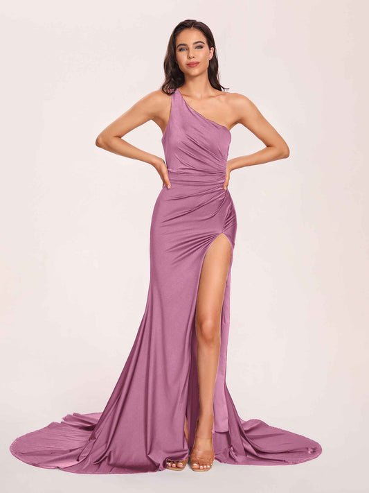 Jersey One-shoulder Bridesmaid Dresses Open Back Pleats Side-Slit With Train Long