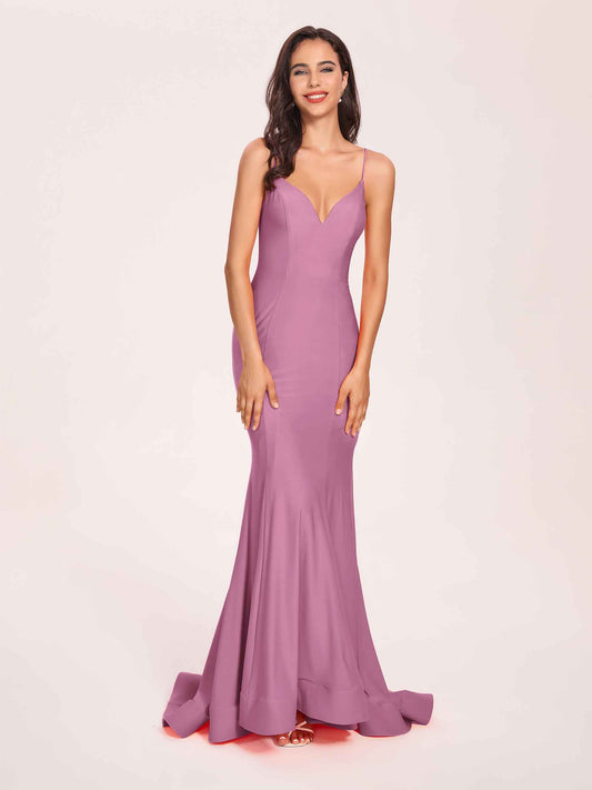 Sexy Jersey Mermaid Bridesmaid Dresses Spaghetti Straps V-neck Floor Length Lace-up Back