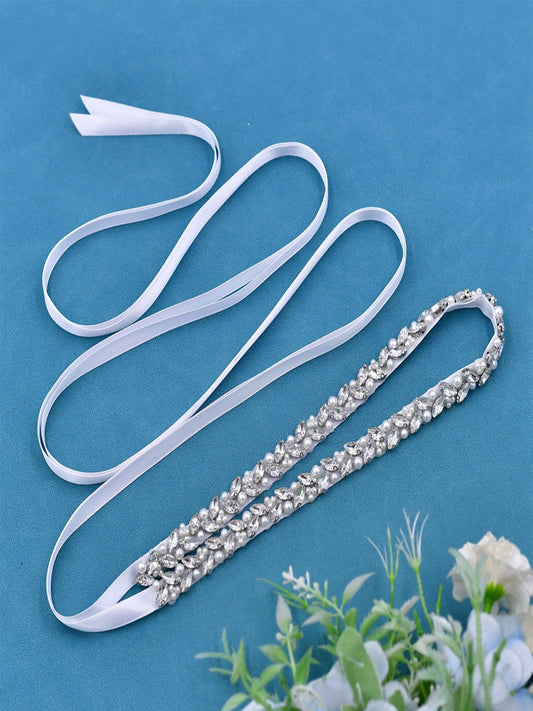Sparkly Luxury Beaded Thin Brides Sash For Wedding