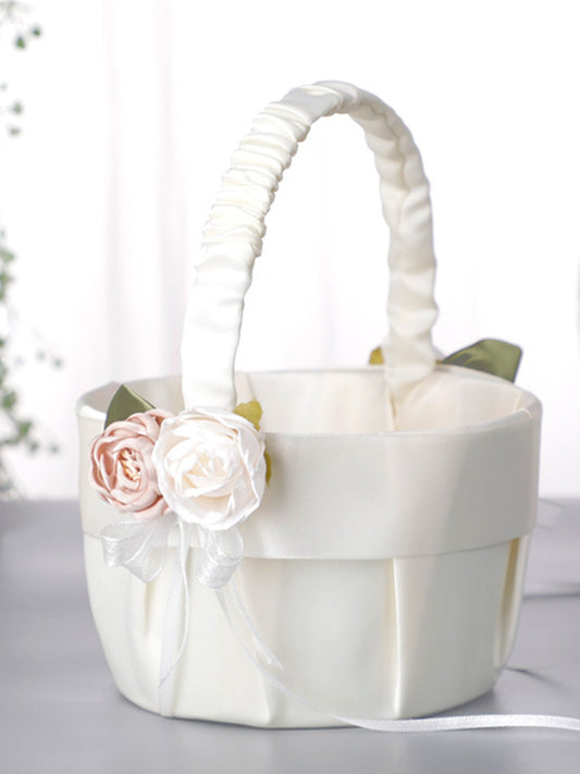 Satin Flower Lace Bow Small Portable Flower Basket