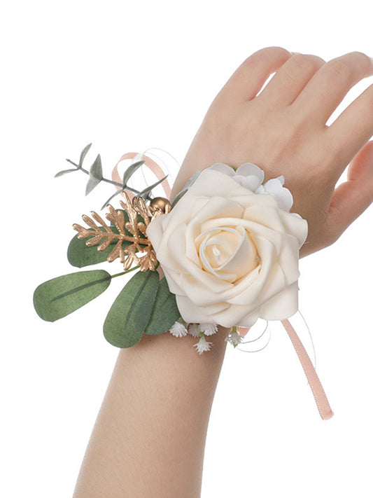 Bridesmaids Wrist Flower Champagne Green Lleaf Hand Flower Men Corsage Clothing Accessories, CG61464