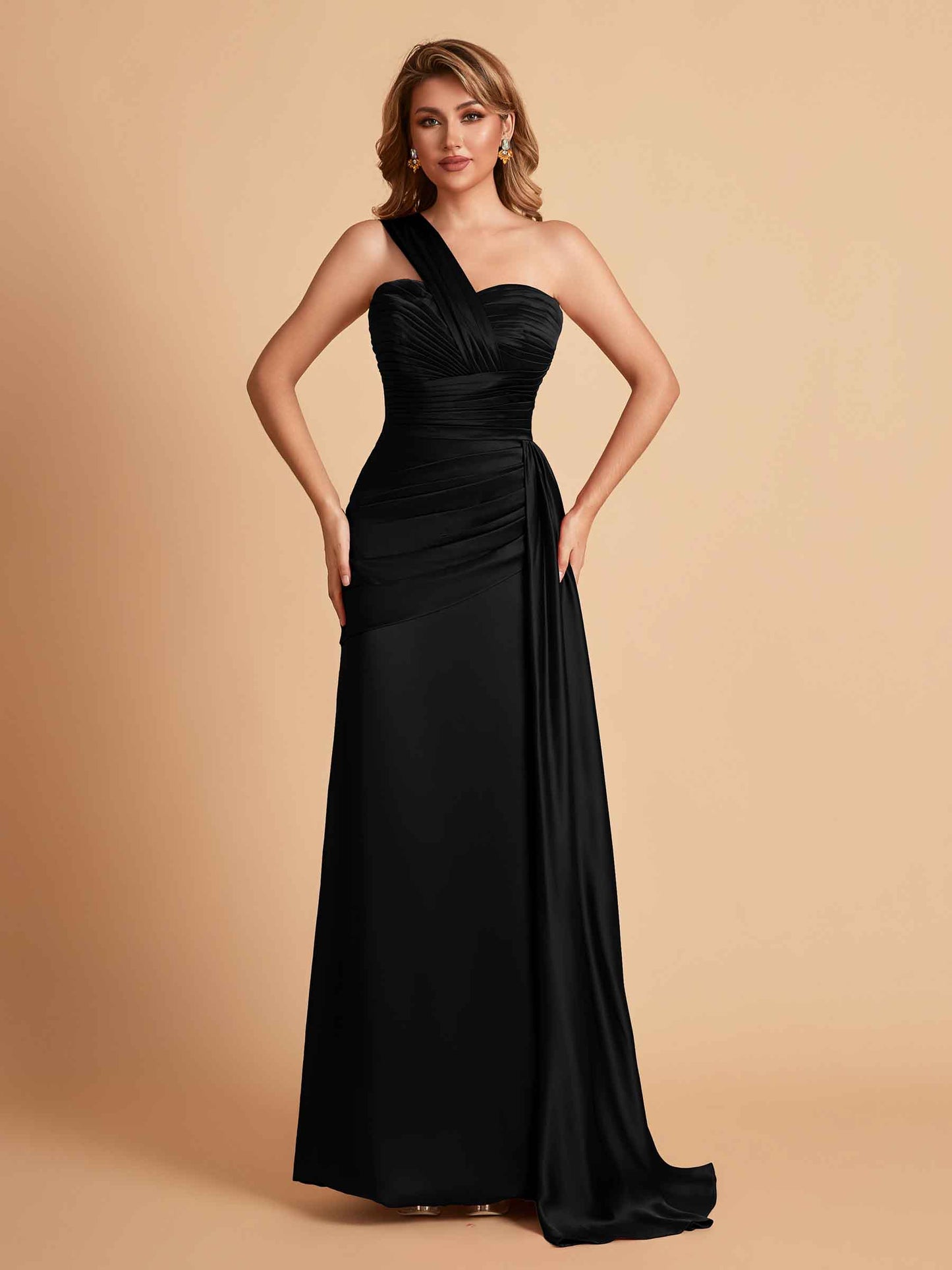 Sexy Satin Sheath One Shoulder With Train Elegant Long Bridesmaid Dresses