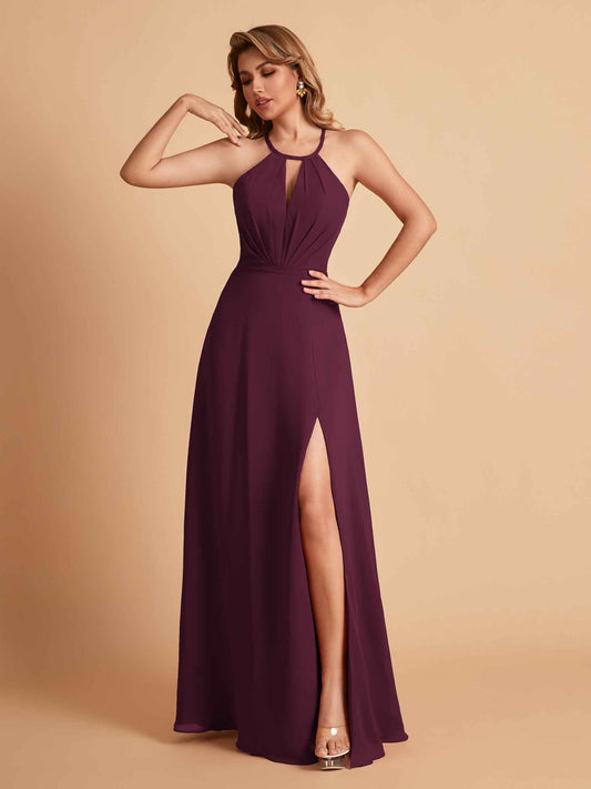 Stylish A-line Chiffon Halter Key-hole Open Back Floor Length Bridesmaid Dresses