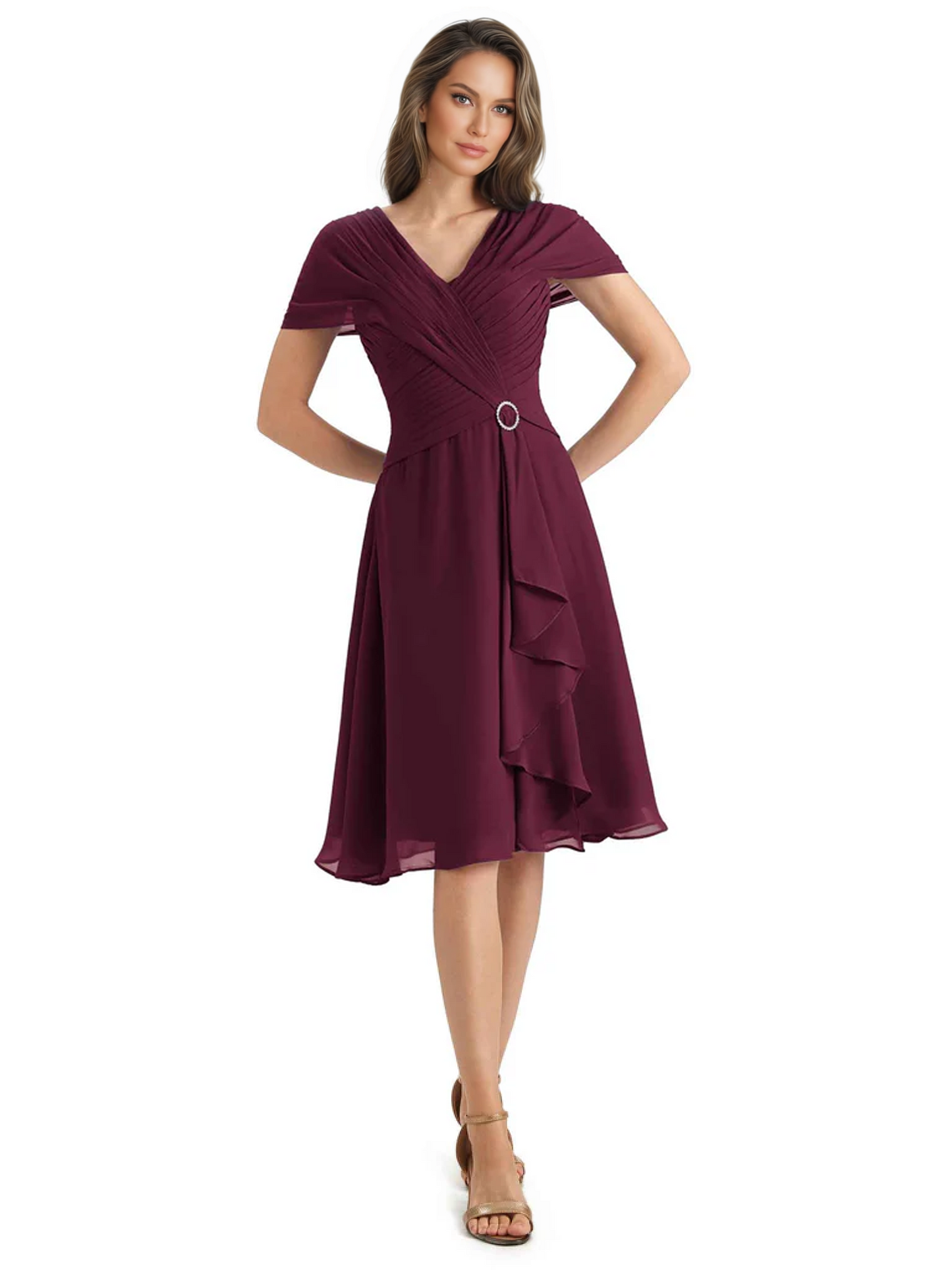 Mother of the Bride Dress Knee-Length V-Neck Chiffon Gown with Ruched Bodice