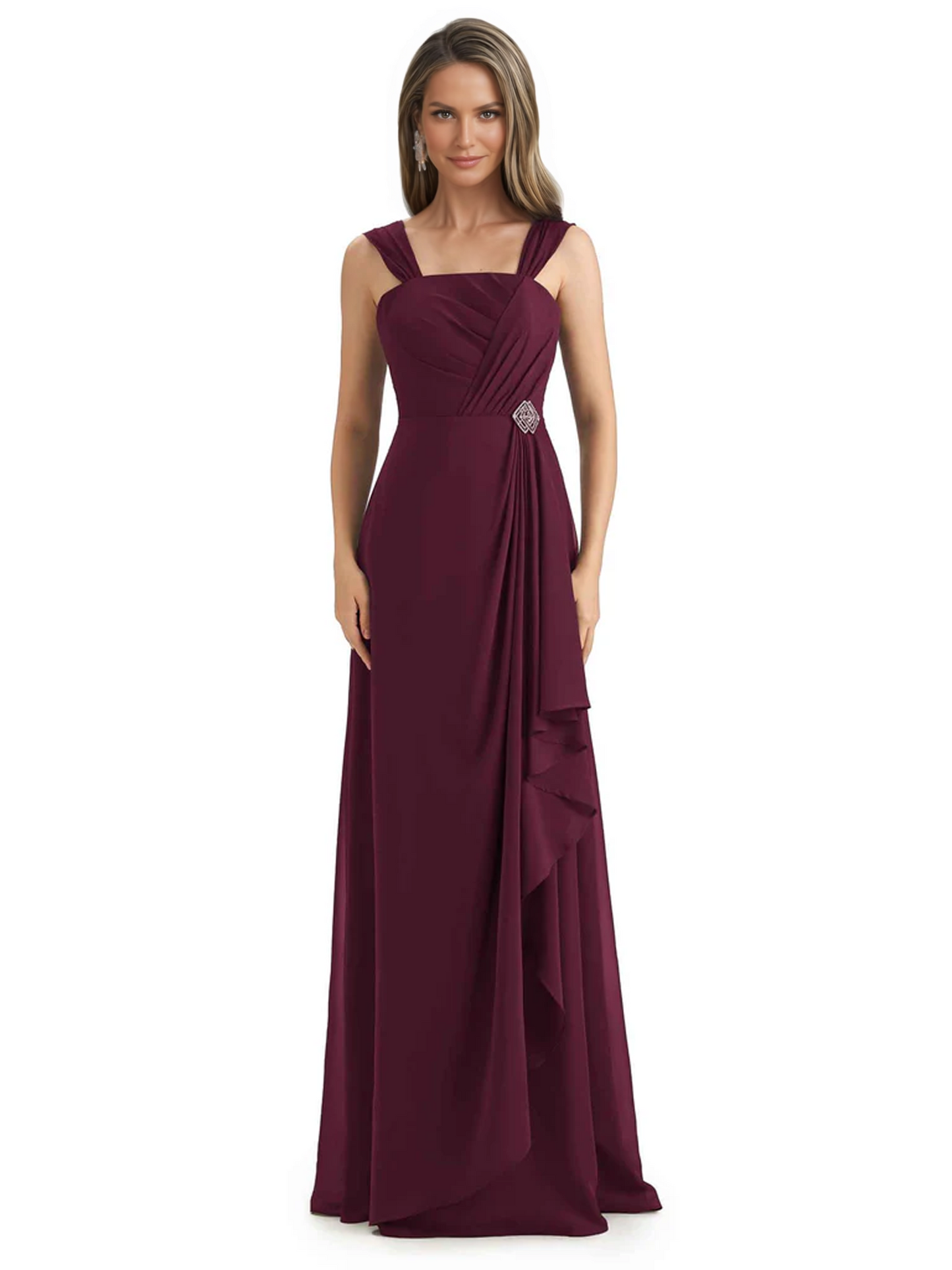 Square Neck Mother of the Bride Dress Floor-Length Chiffon Gown with Ruched Bodice