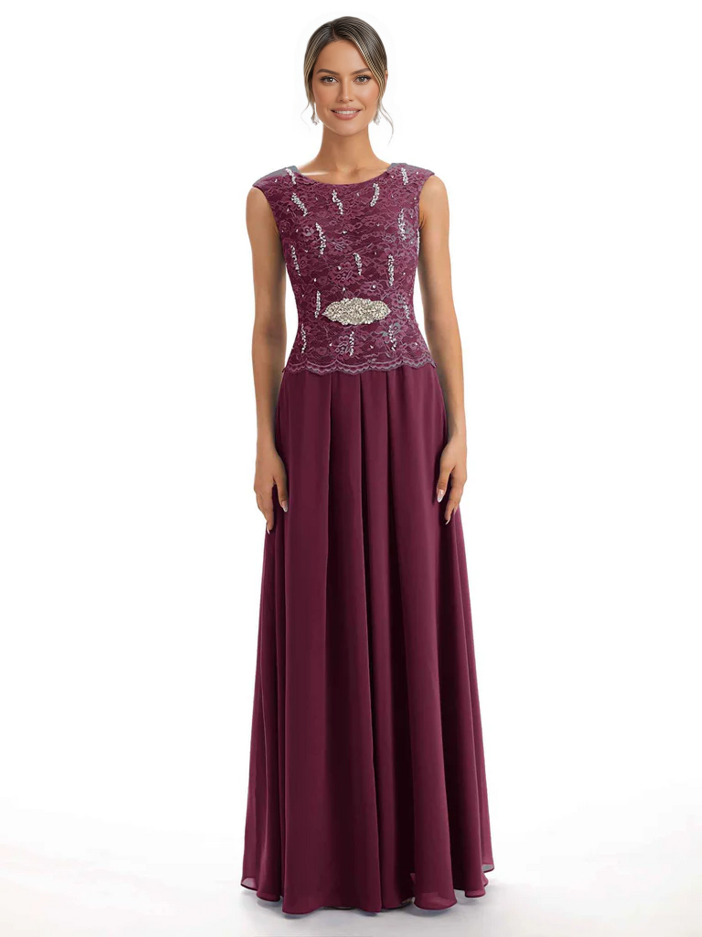 Mother of the Bride Dress Floor-Length Chiffon Gown with Embroidered Lace Bodice