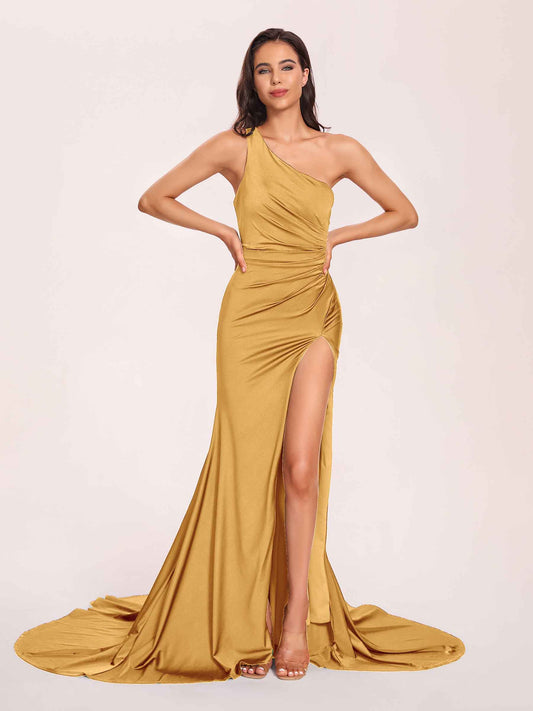 Jersey One-shoulder Bridesmaid Dresses Open Back Pleats Side-Slit With Train Long