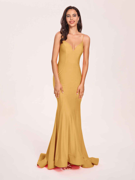 Sexy Jersey Mermaid Bridesmaid Dresses Spaghetti Straps V-neck Floor Length Lace-up Back