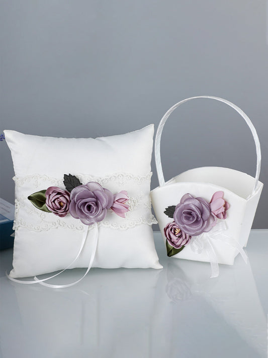 Purple Artificial Flower Lace Wedding Ring Pillow For Brides And Groom