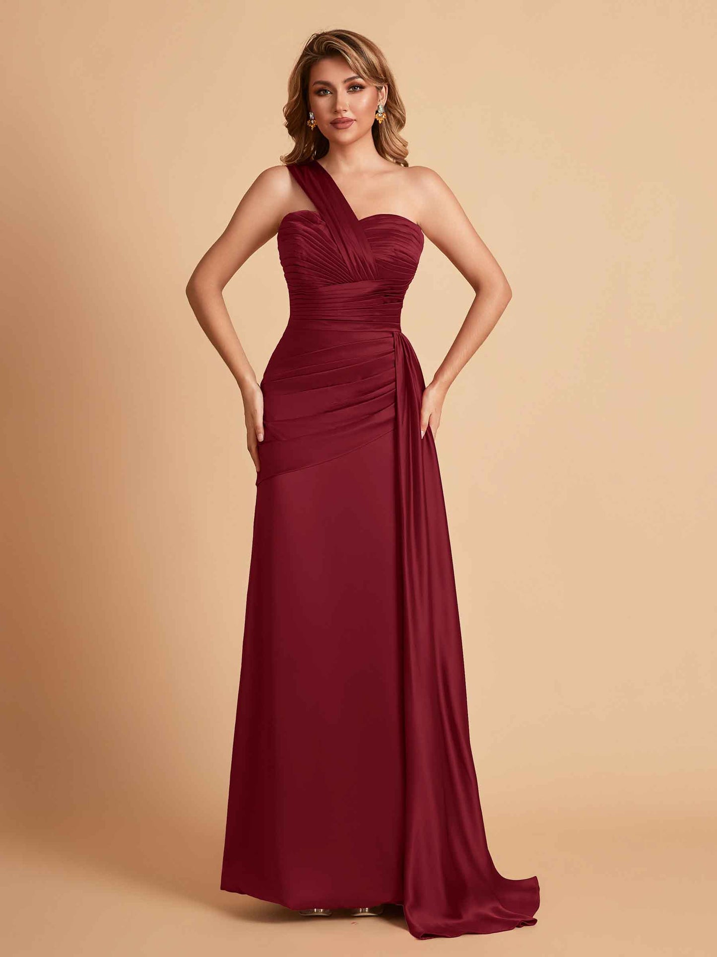 Sexy Satin Sheath One Shoulder With Train Elegant Long Bridesmaid Dresses