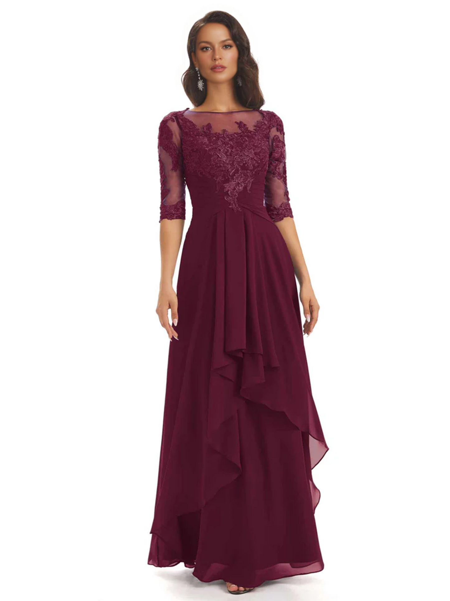 Elegant Lace A-line Chiffon Half Sleeves Mother of the Brides Dresses Floor Length