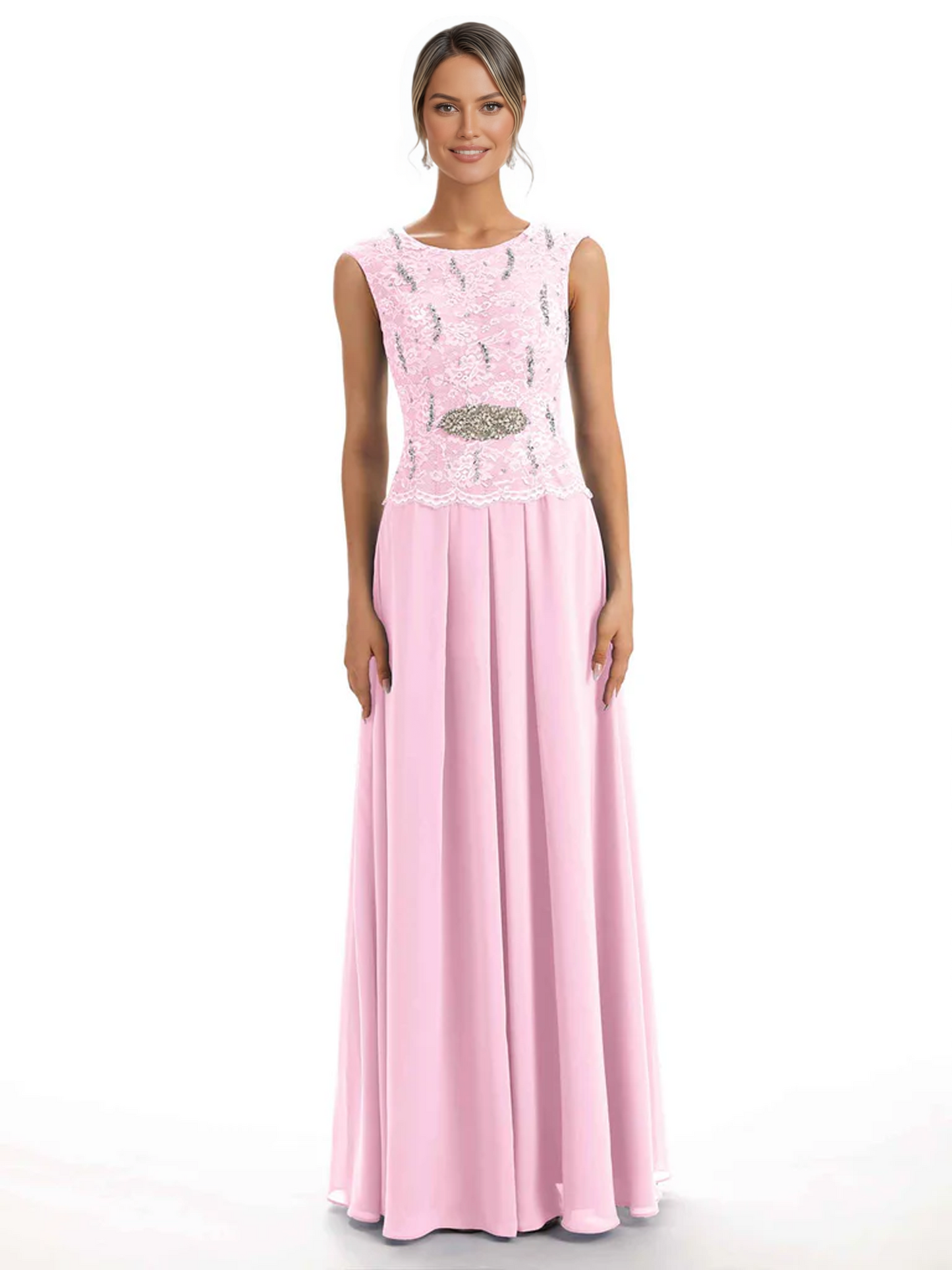 Mother of the Bride Dress Floor-Length Chiffon Gown with Embroidered Lace Bodice