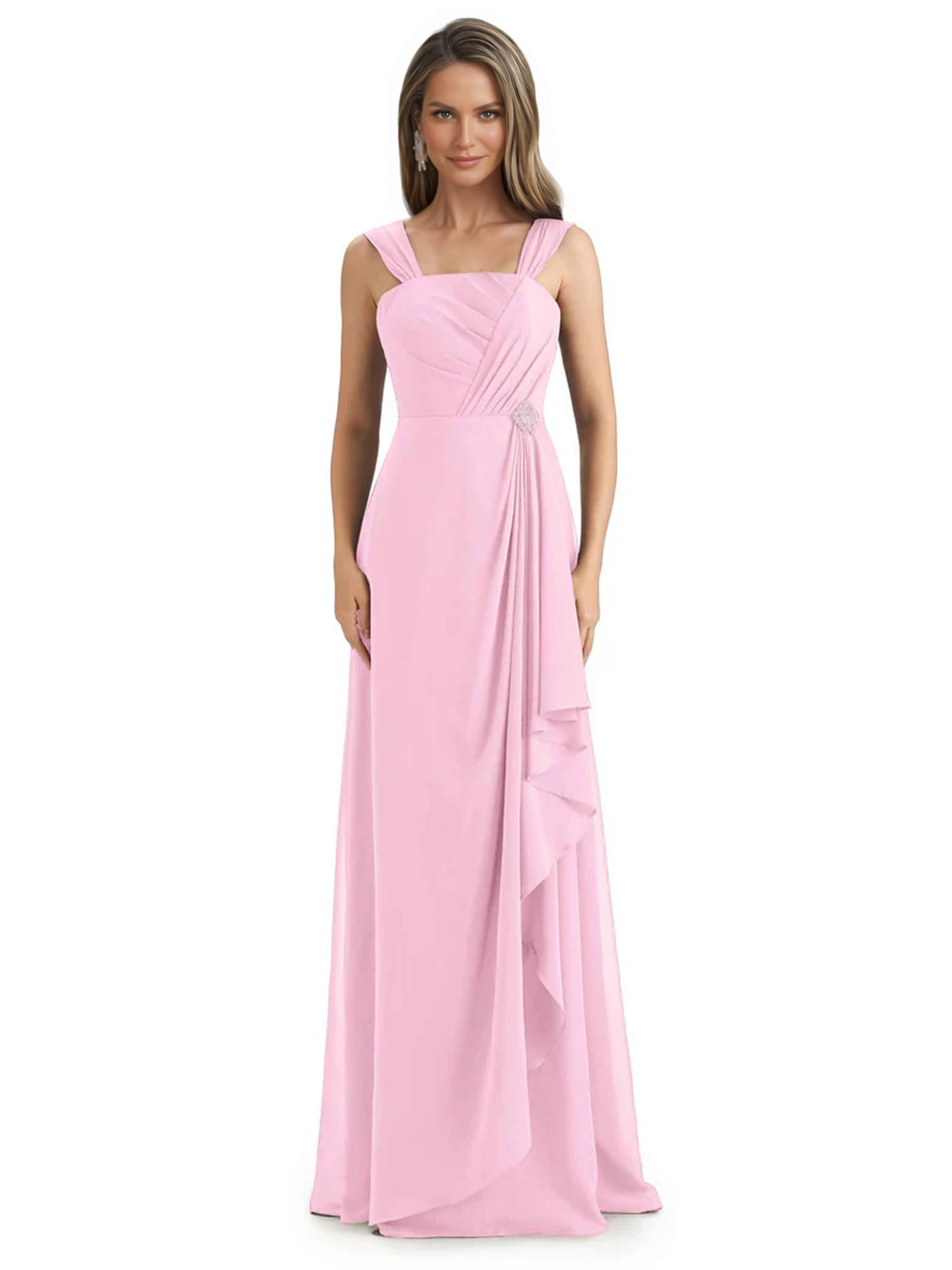 Square Neck Mother of the Bride Dress Floor-Length Chiffon Gown with Ruched Bodice