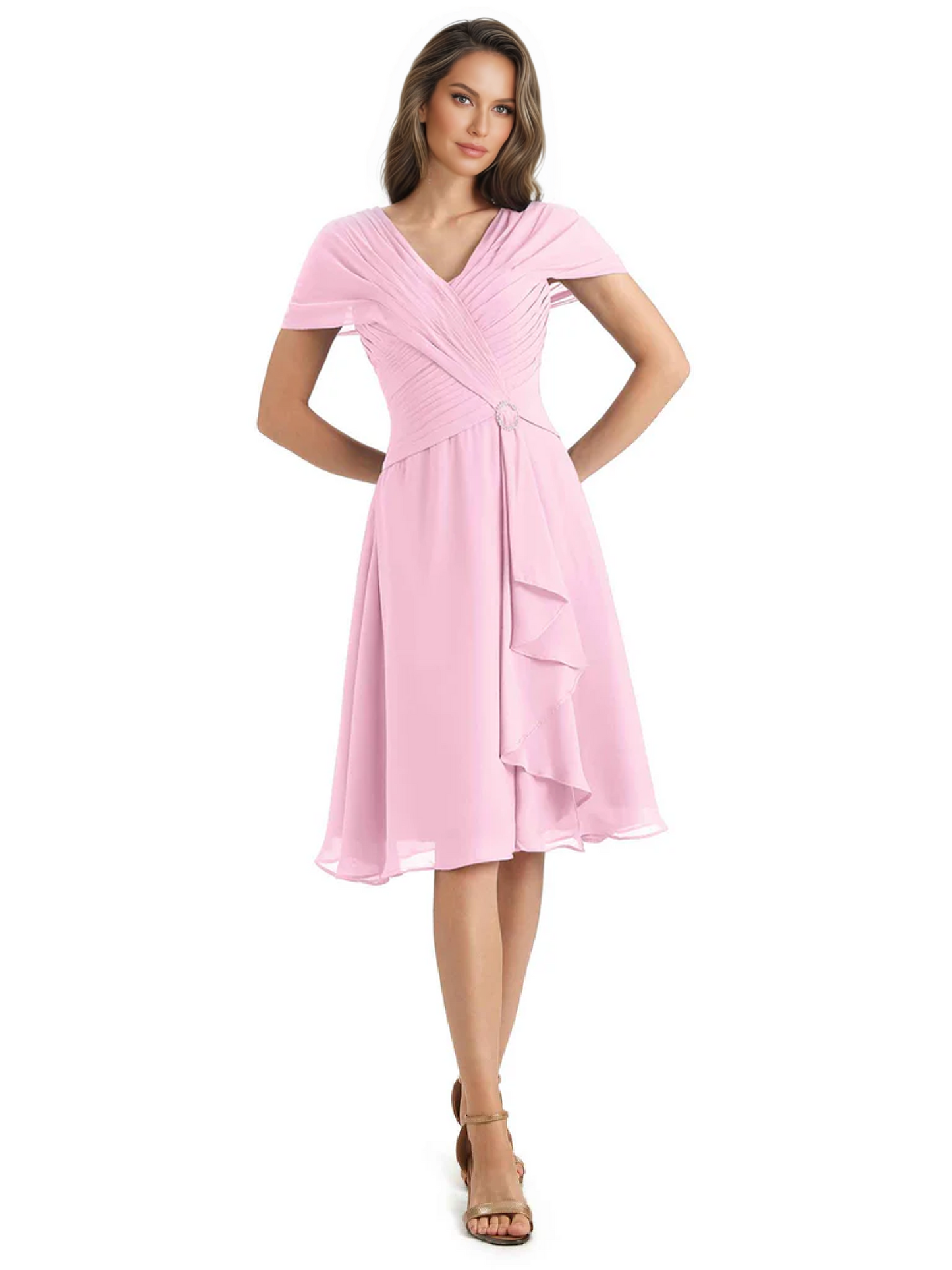 Mother of the Bride Dress Knee-Length V-Neck Chiffon Gown with Ruched Bodice
