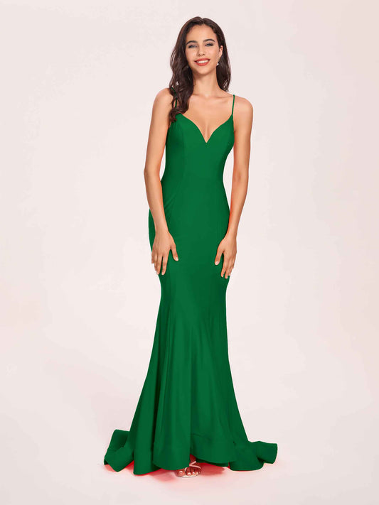 Sexy Jersey Mermaid Bridesmaid Dresses Spaghetti Straps V-neck Floor Length Lace-up Back