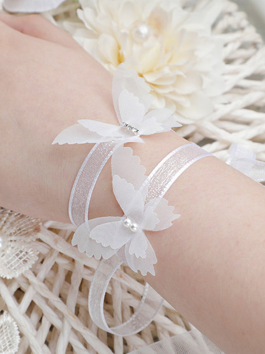 White Tulle Butterfly Style Wrist Flowers Wedding Bridesmaids Little Sisters Hand Flowers Fairy Temperament Wrist Flowers