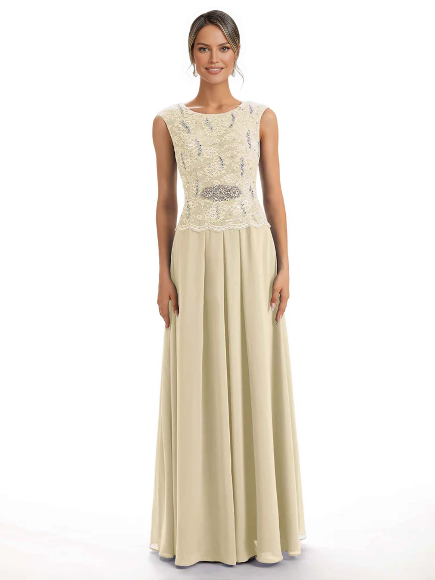 Mother of the Bride Dress Floor-Length Chiffon Gown with Embroidered Lace Bodice