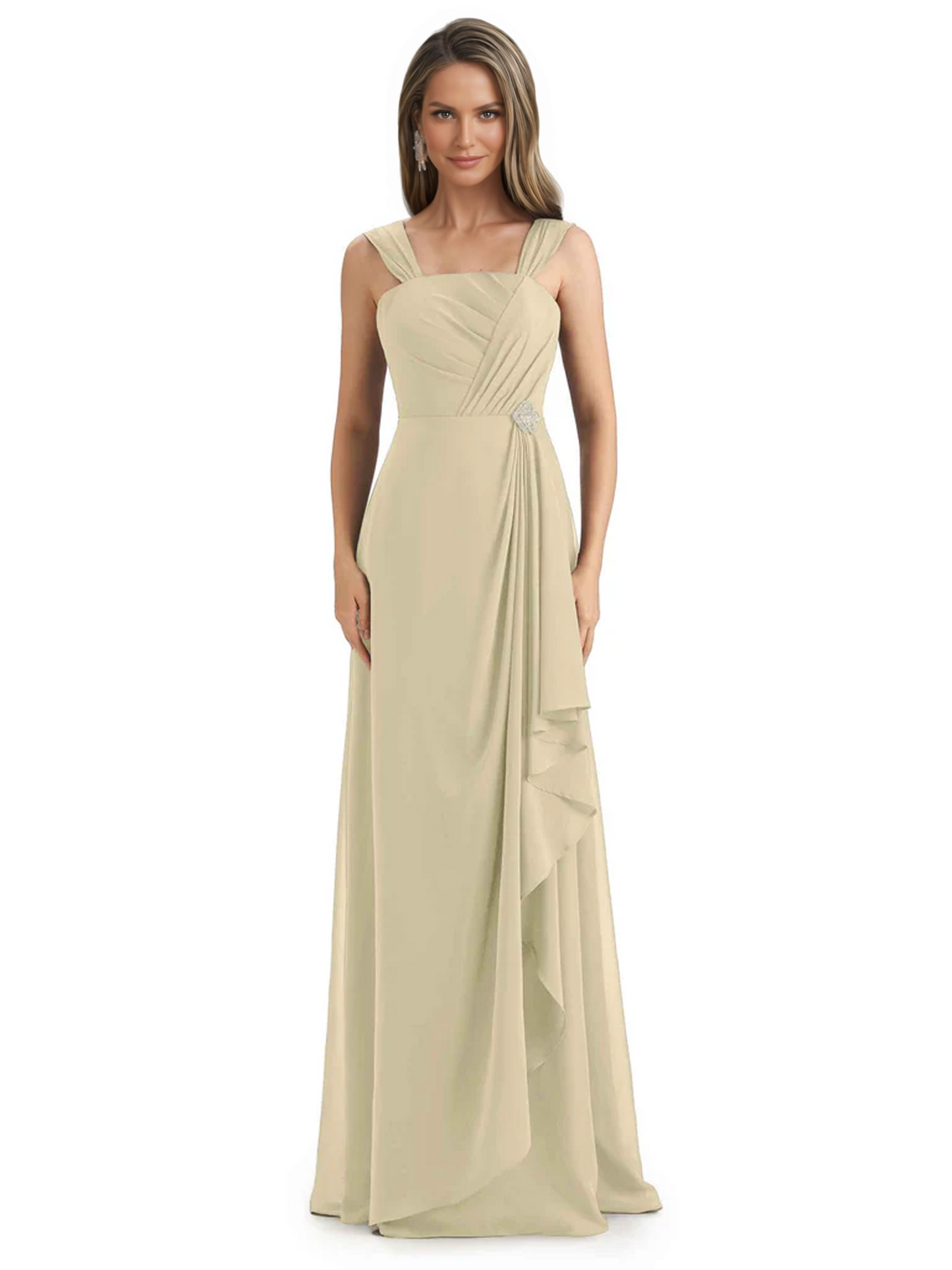 Square Neck Mother of the Bride Dress Floor-Length Chiffon Gown with Ruched Bodice