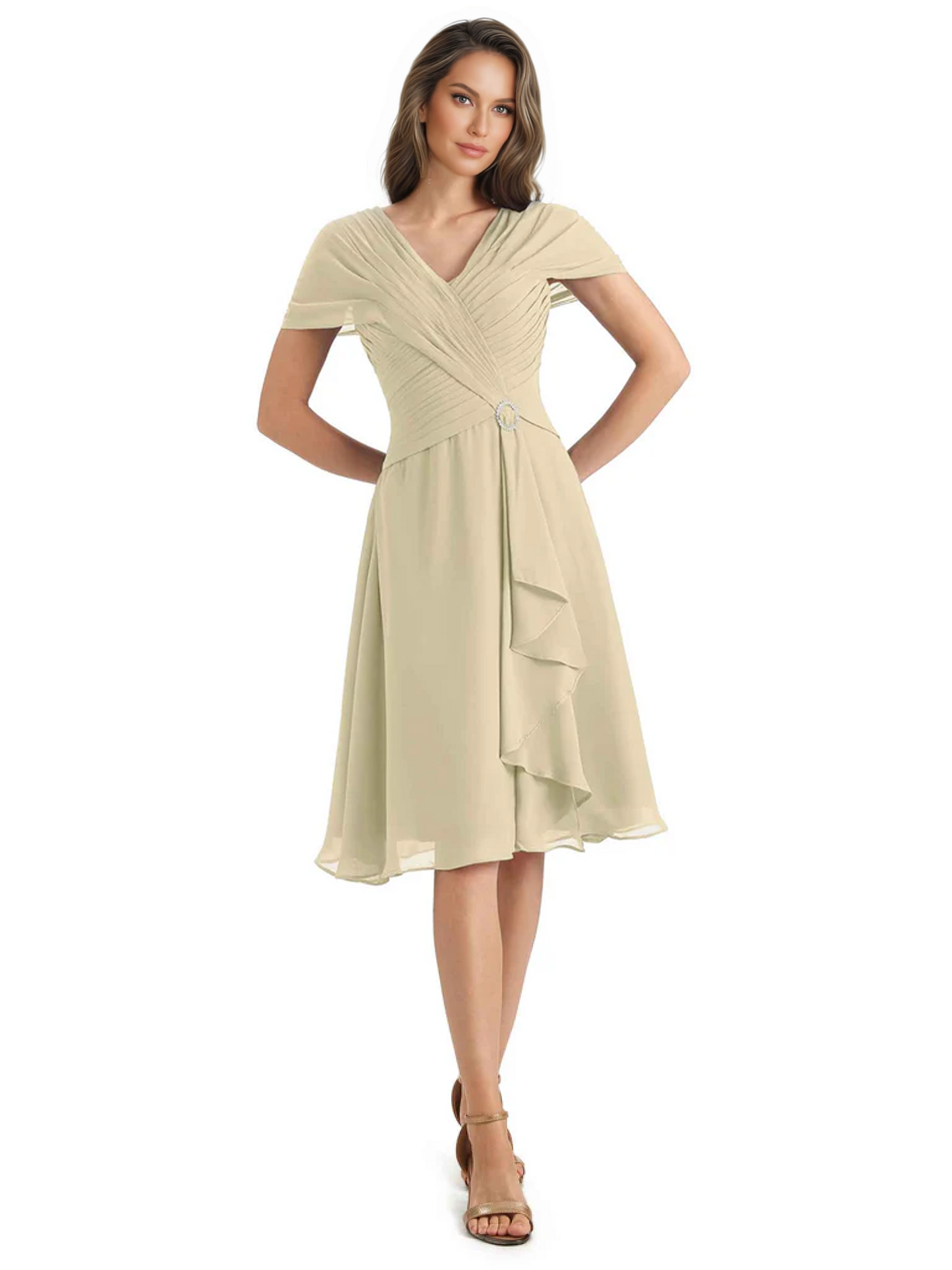 Mother of the Bride Dress Knee-Length V-Neck Chiffon Gown with Ruched Bodice