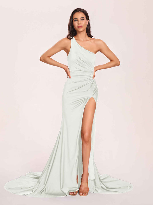 Jersey One-shoulder Bridesmaid Dresses Open Back Pleats Side-Slit With Train Long