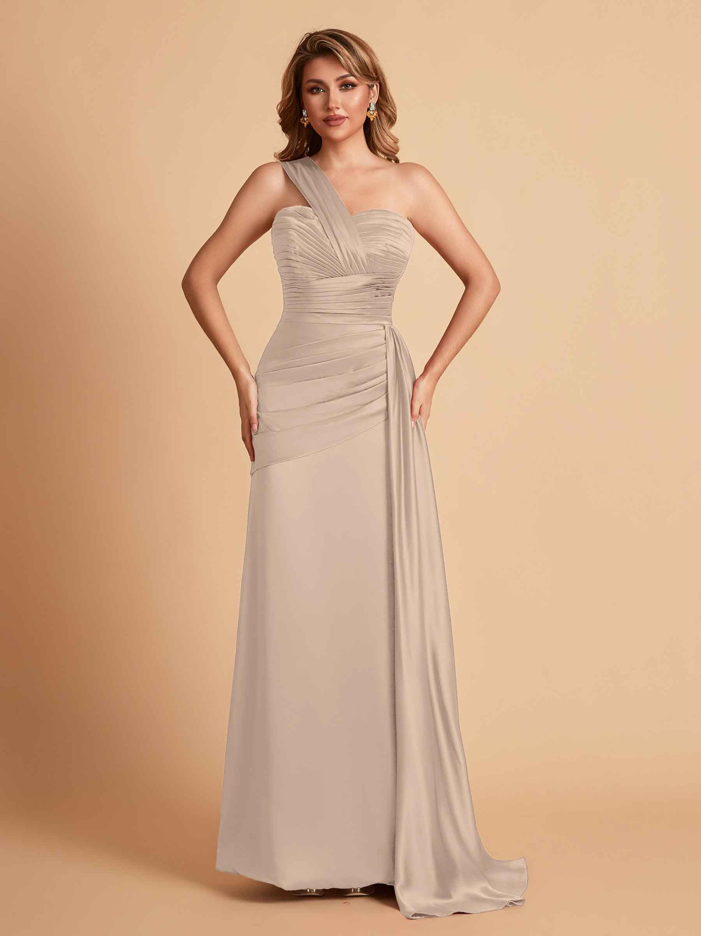 Sexy Satin Sheath One Shoulder With Train Elegant Long Bridesmaid Dresses