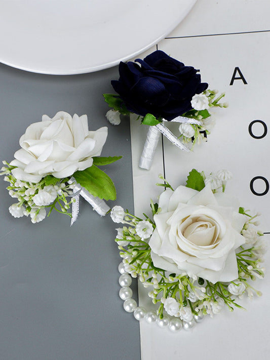 White Imitation Wrist Flower Bride Bridesmaid Sister Group Hand Flower Dress Brooch Corsage