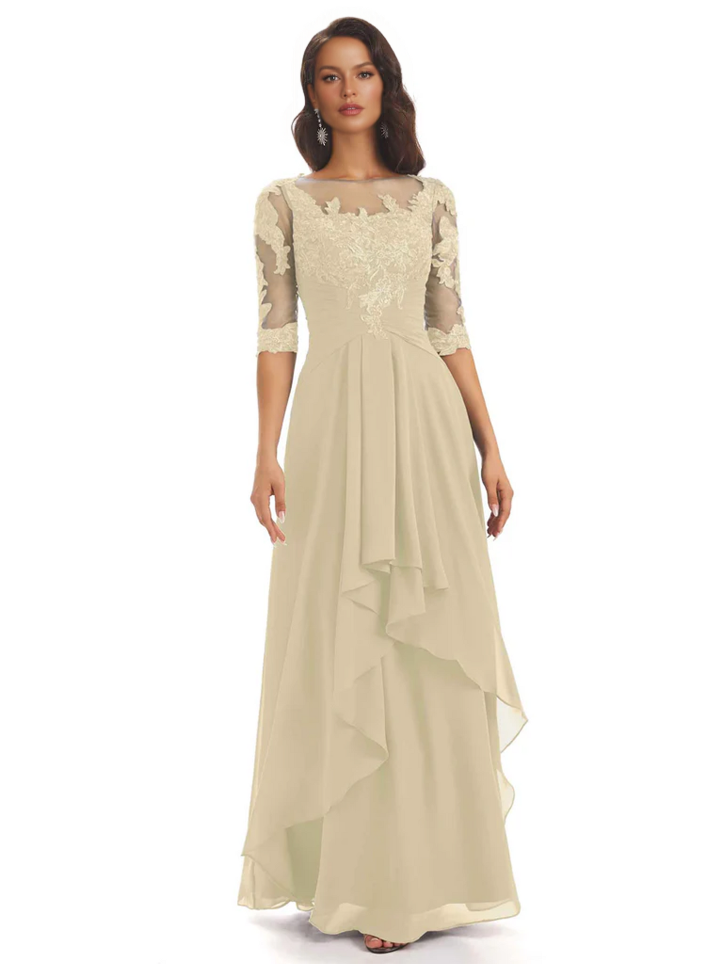 Elegant Lace A-line Chiffon Half Sleeves Mother of the Brides Dresses Floor Length