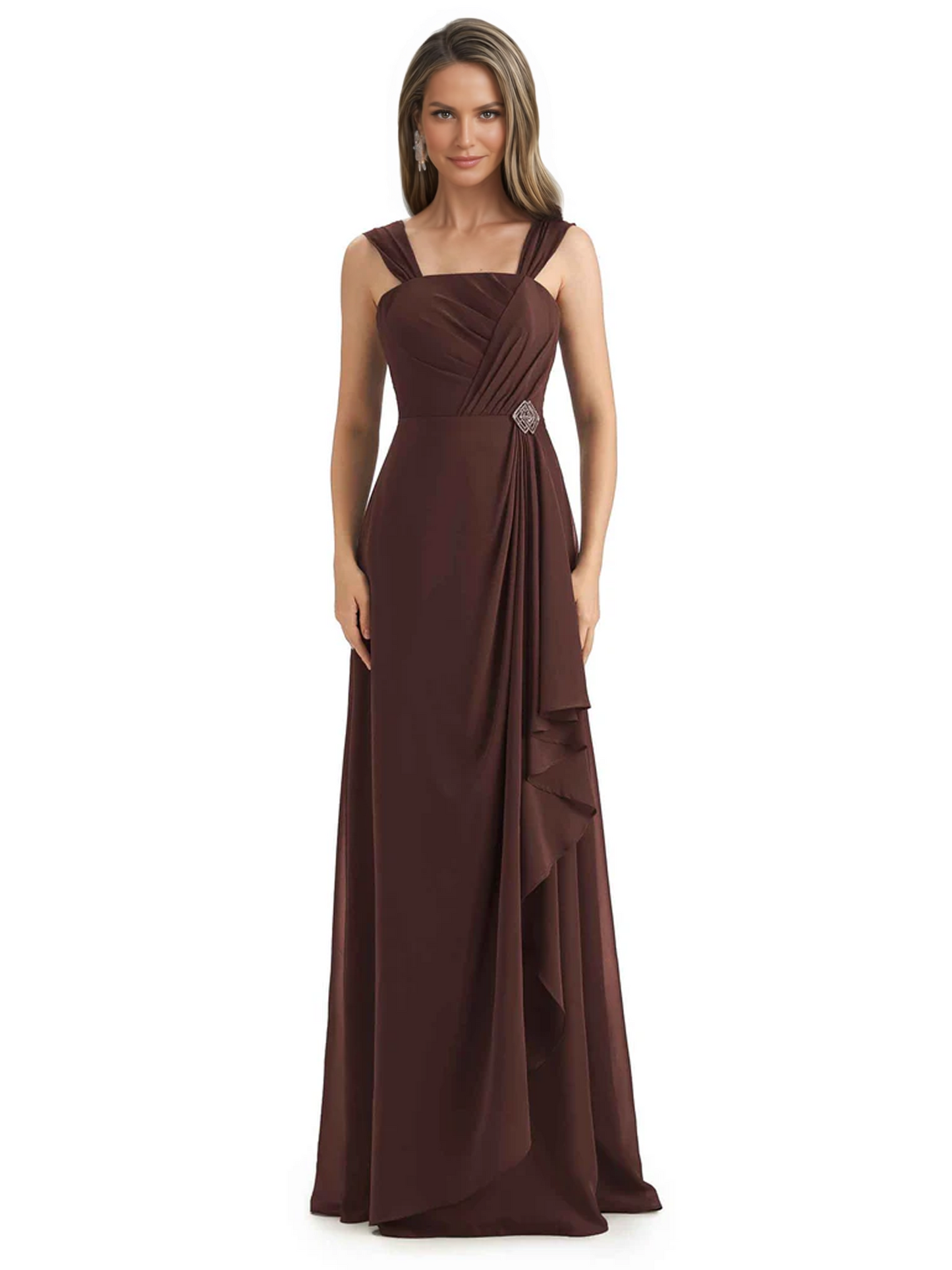 Square Neck Mother of the Bride Dress Floor-Length Chiffon Gown with Ruched Bodice