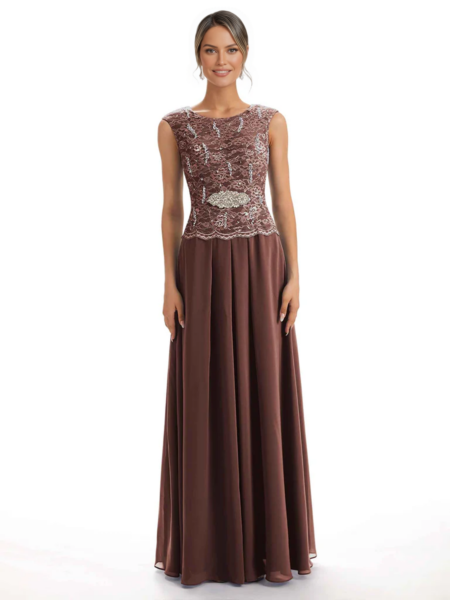 Mother of the Bride Dress Floor-Length Chiffon Gown with Embroidered Lace Bodice