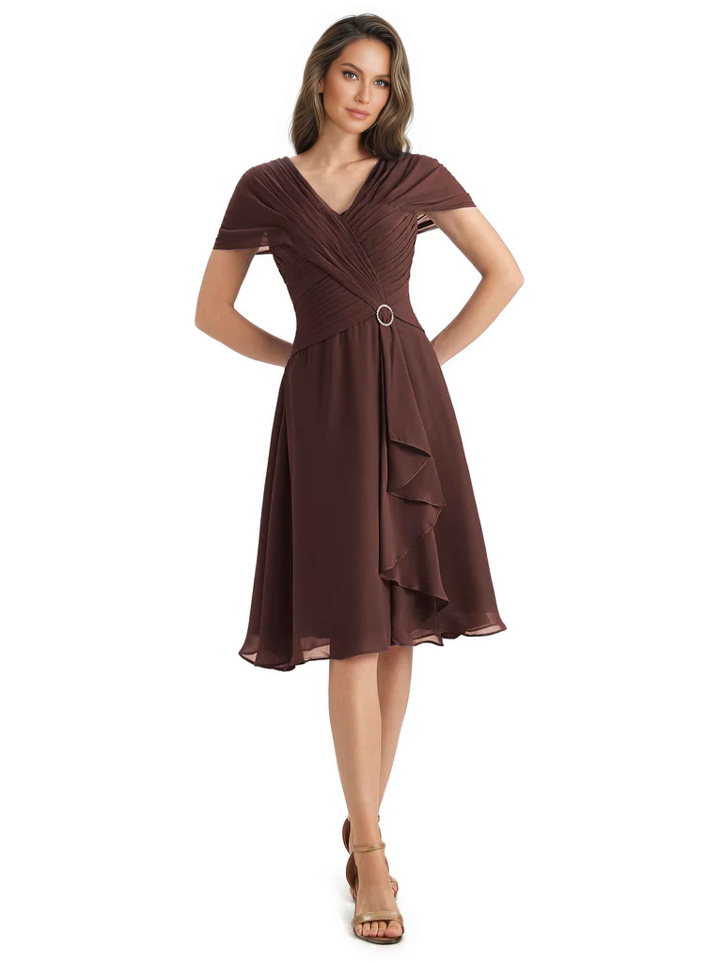 Mother of the Bride Dress Knee-Length V-Neck Chiffon Gown with Ruched Bodice
