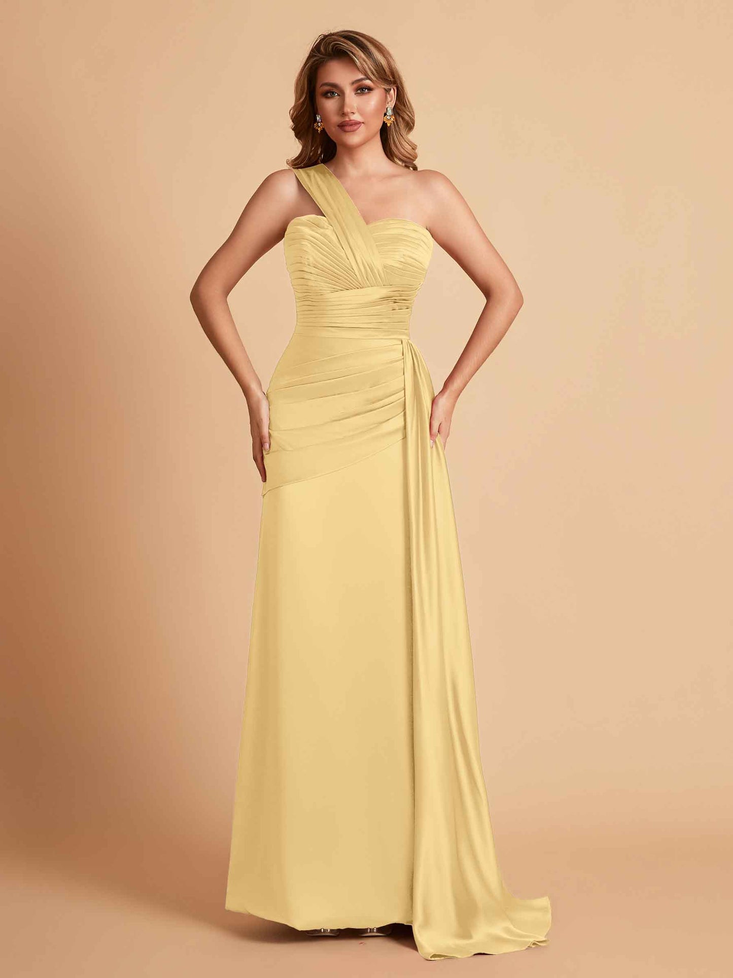 Sexy Satin Sheath One Shoulder With Train Elegant Long Bridesmaid Dresses