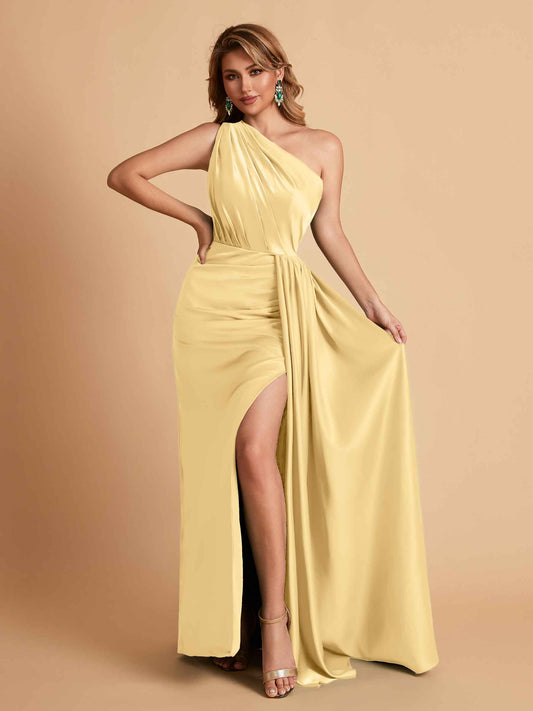 Elegant Soft Satin One Shoulder With Pleats Sheath Long Bridesmaid Dresses
