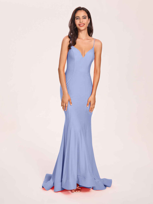 Sexy Jersey Mermaid Bridesmaid Dresses Spaghetti Straps V-neck Floor Length Lace-up Back