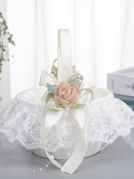 Pearl Bow Flower Decoration Lace Flower Basket Wedding Flower Portable Flower Basket