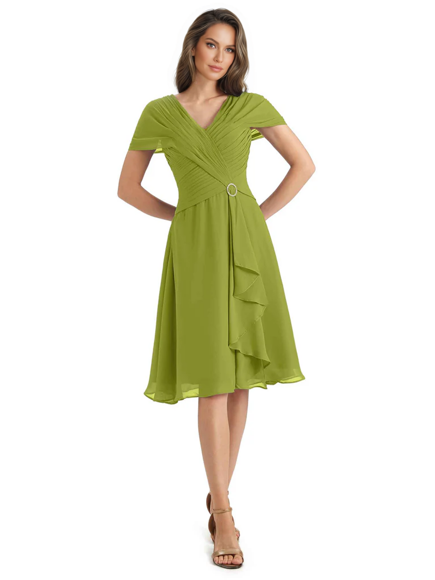 Mother of the Bride Dress Knee-Length V-Neck Chiffon Gown with Ruched Bodice