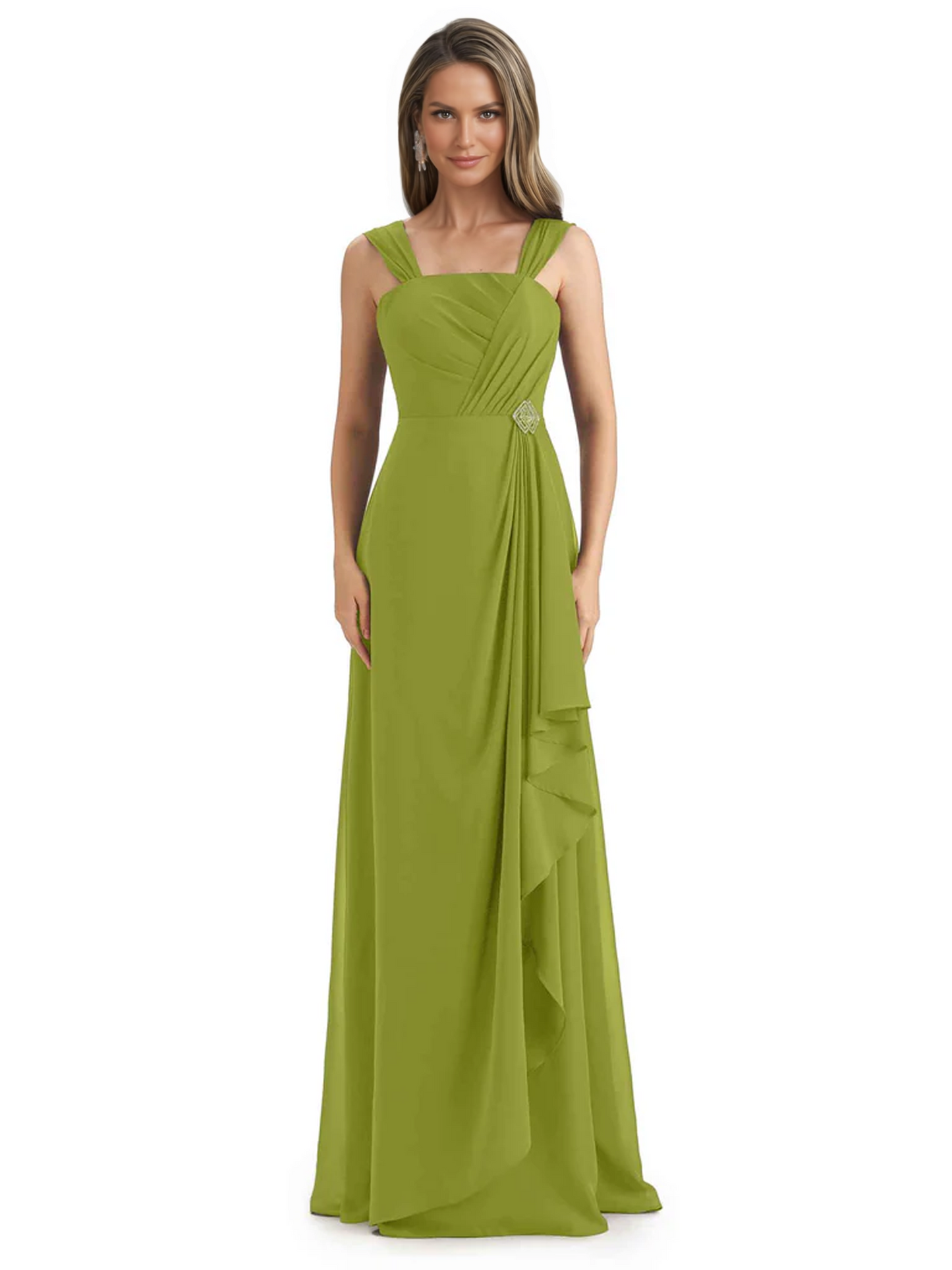 Square Neck Mother of the Bride Dress Floor-Length Chiffon Gown with Ruched Bodice