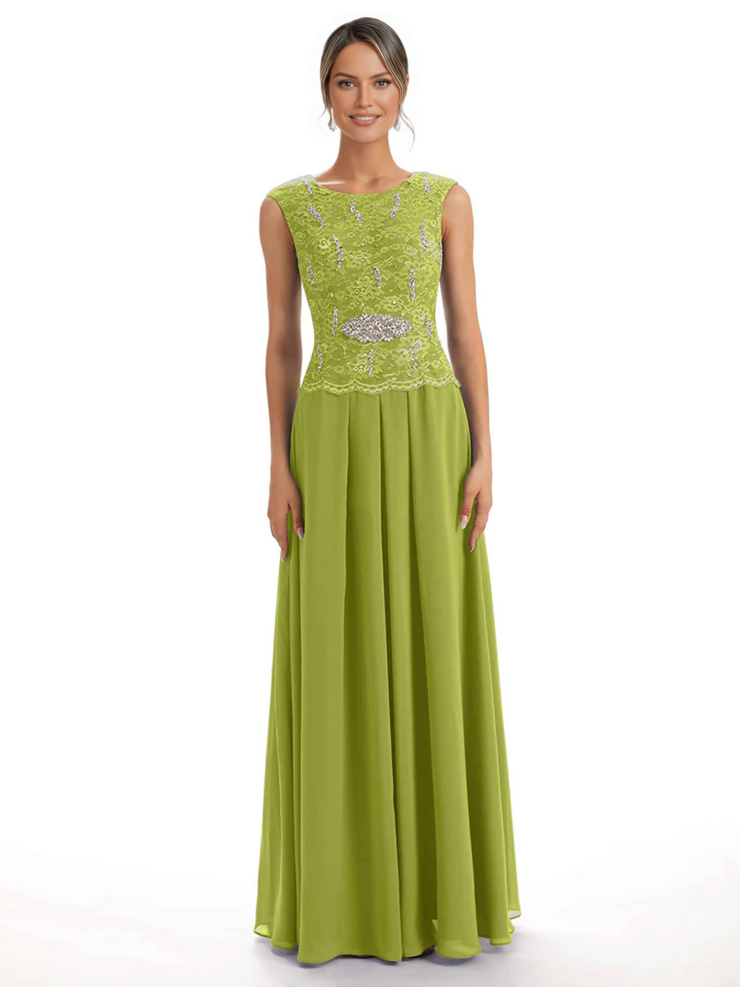 Mother of the Bride Dress Floor-Length Chiffon Gown with Embroidered Lace Bodice