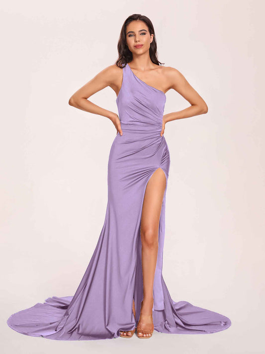 Jersey One-shoulder Bridesmaid Dresses Open Back Pleats Side-Slit With Train Long