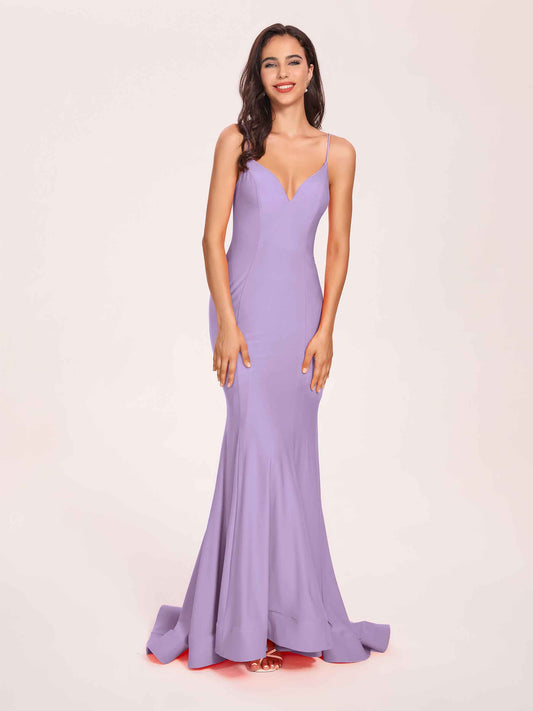 Sexy Jersey Mermaid Bridesmaid Dresses Spaghetti Straps V-neck Floor Length Lace-up Back