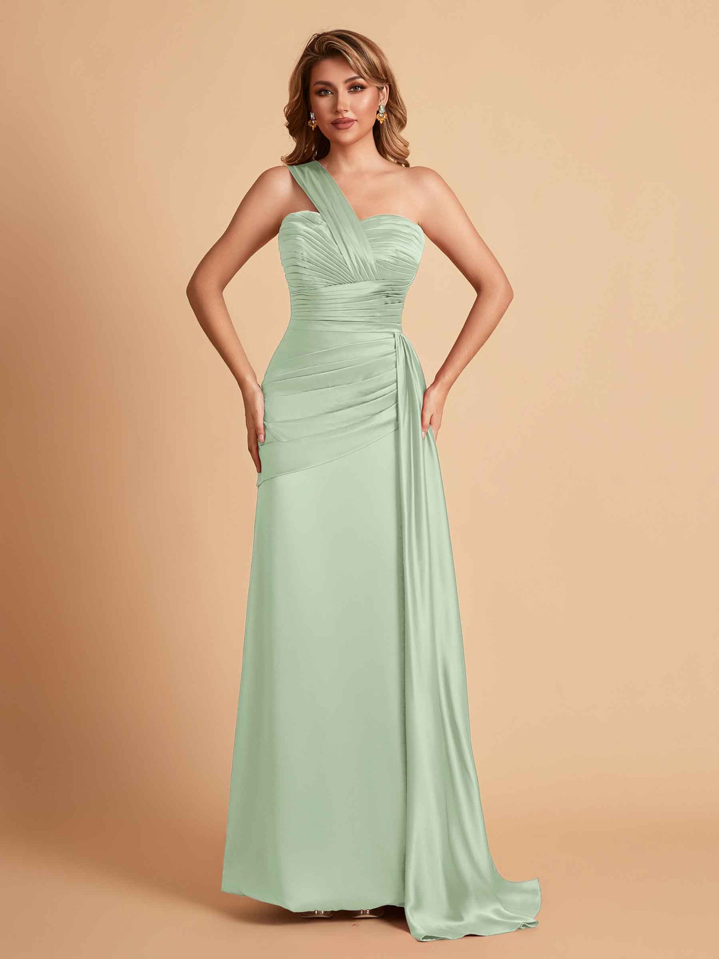 Sexy Satin Sheath One Shoulder With Train Elegant Long Bridesmaid Dresses
