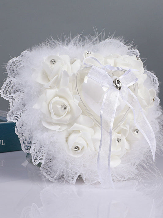 Heart-Shaped Rose Accessories Lace Creative Ostrich Feather Wedding Ring Pillow