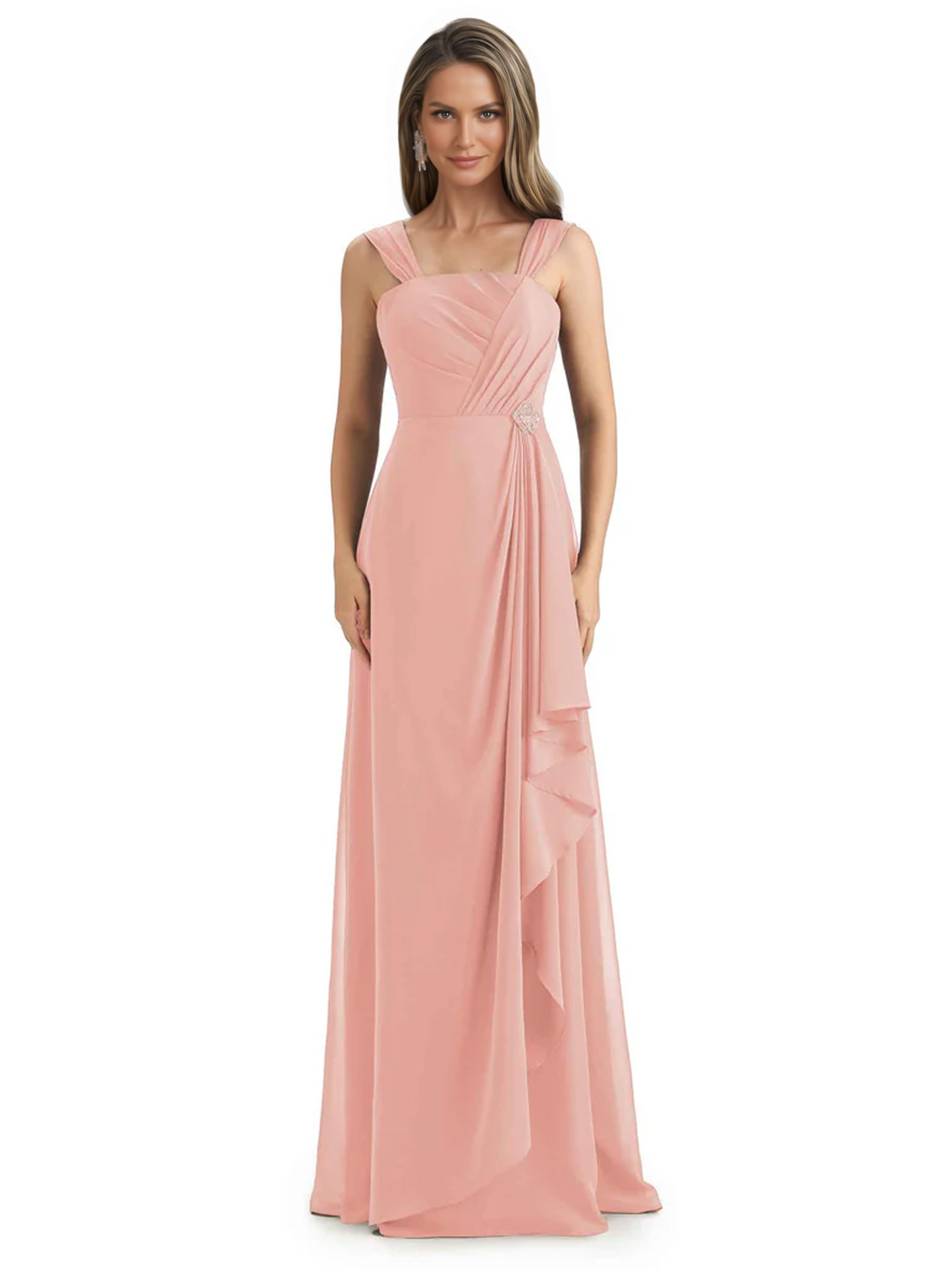 Square Neck Mother of the Bride Dress Floor-Length Chiffon Gown with Ruched Bodice