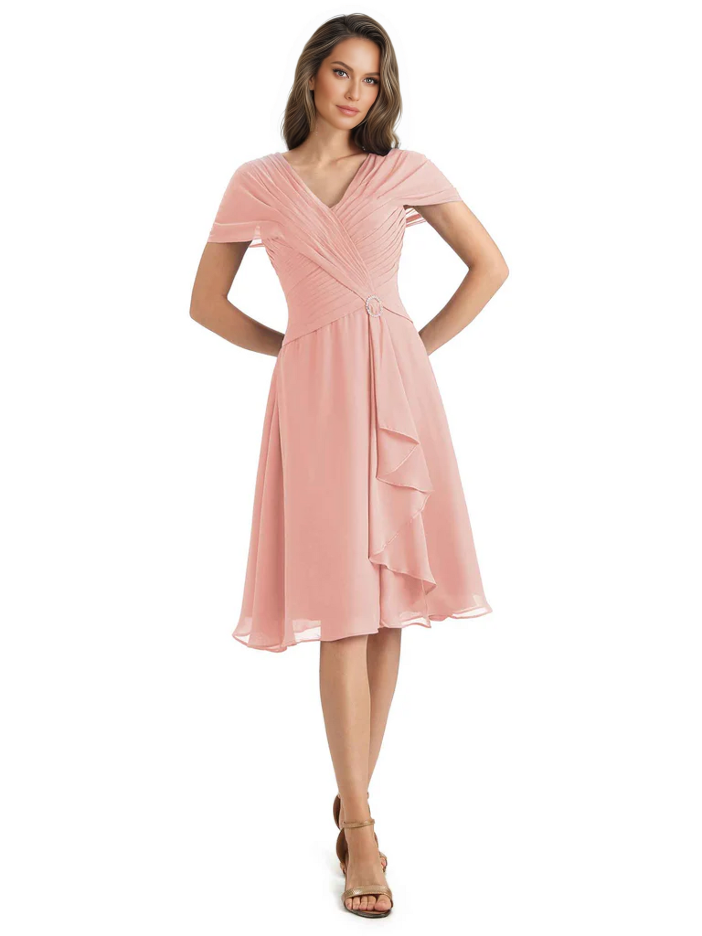 Mother of the Bride Dress Knee-Length V-Neck Chiffon Gown with Ruched Bodice
