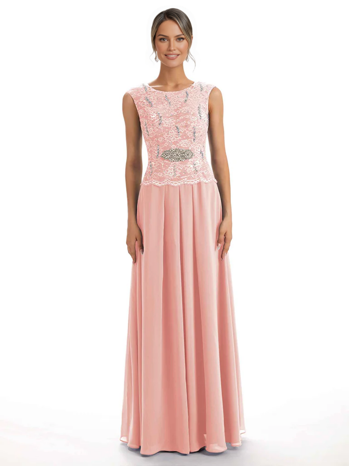 Mother of the Bride Dress Floor-Length Chiffon Gown with Embroidered Lace Bodice