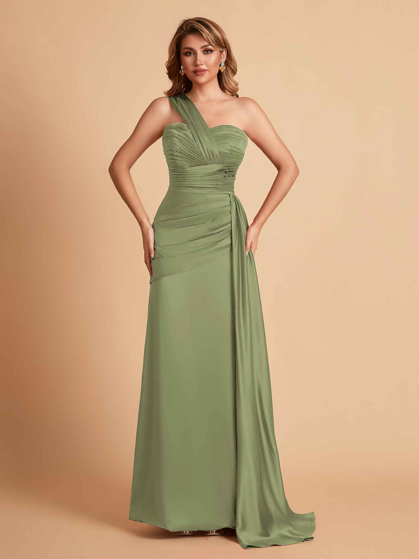 Sexy Satin Sheath One Shoulder With Train Elegant Long Bridesmaid Dresses