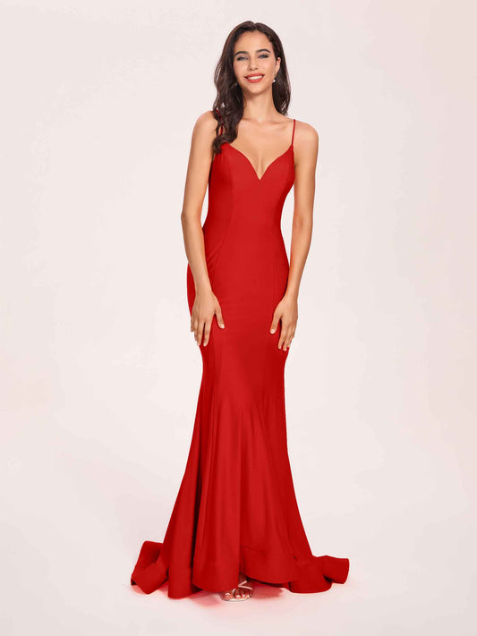 Sexy Jersey Mermaid Bridesmaid Dresses Spaghetti Straps V-neck Floor Length Lace-up Back