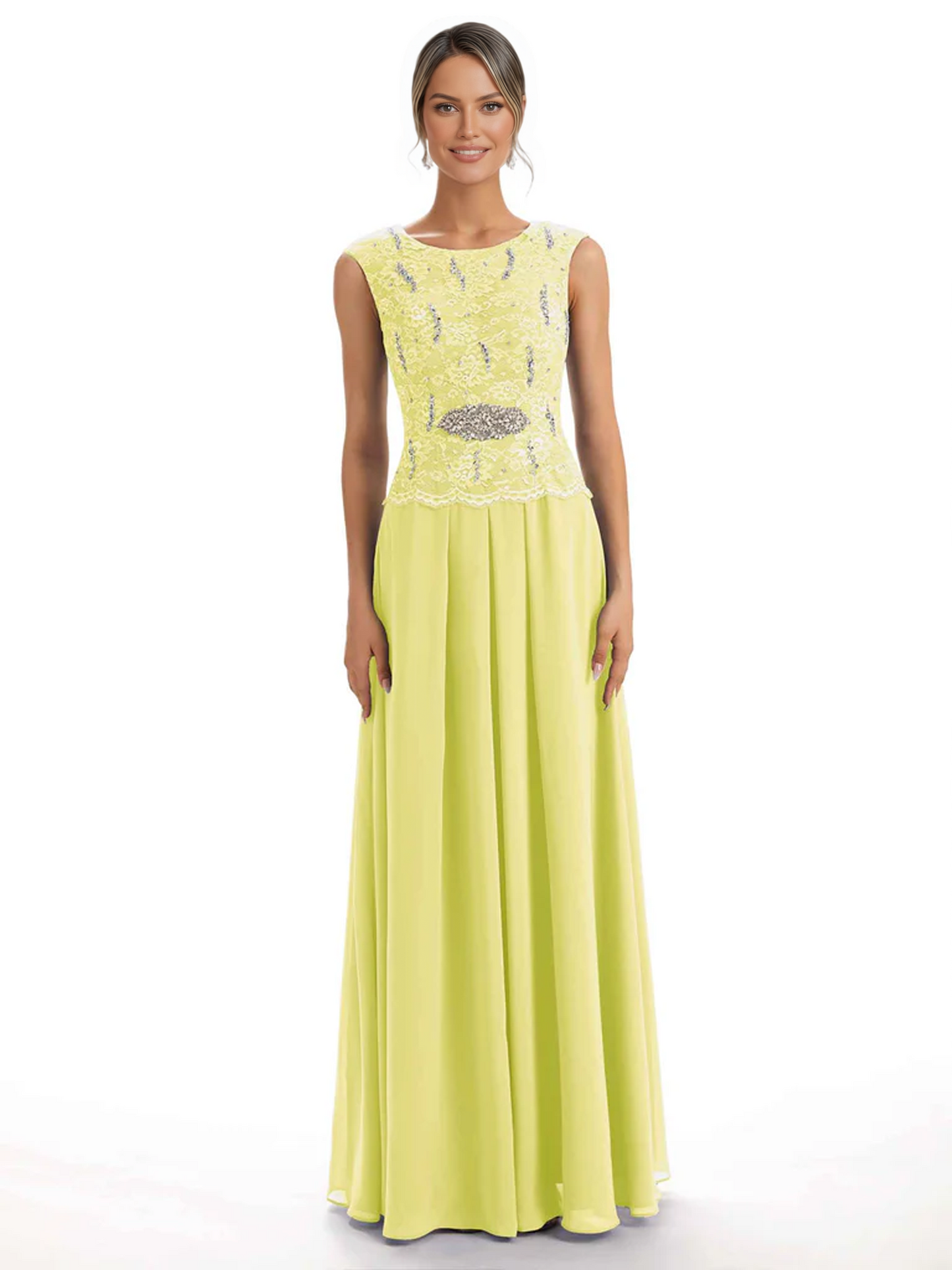 Mother of the Bride Dress Floor-Length Chiffon Gown with Embroidered Lace Bodice