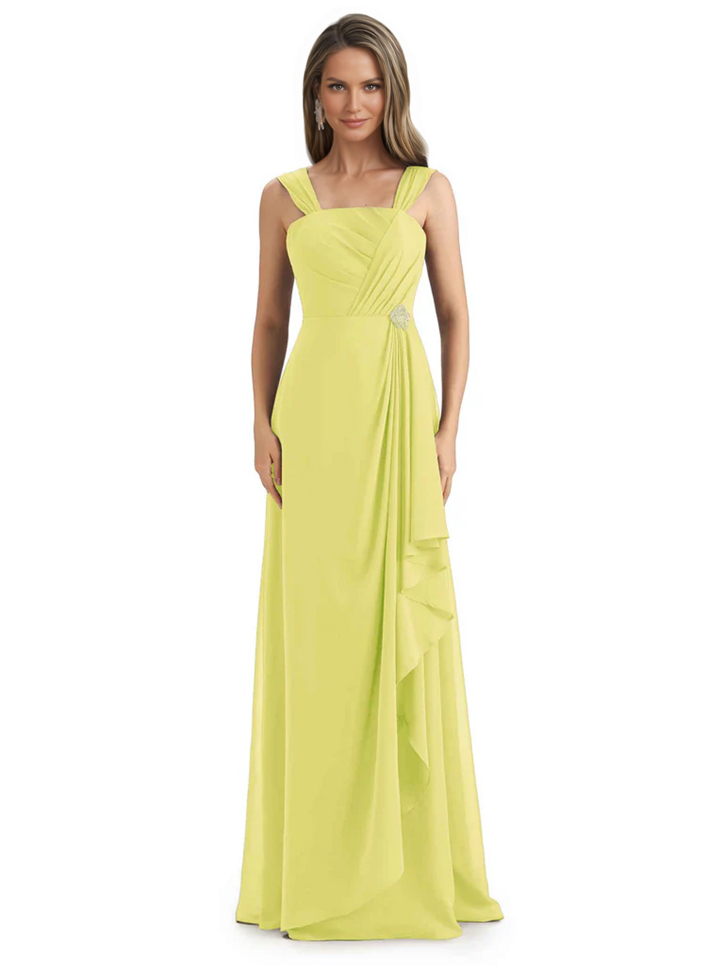 Square Neck Mother of the Bride Dress Floor-Length Chiffon Gown with Ruched Bodice