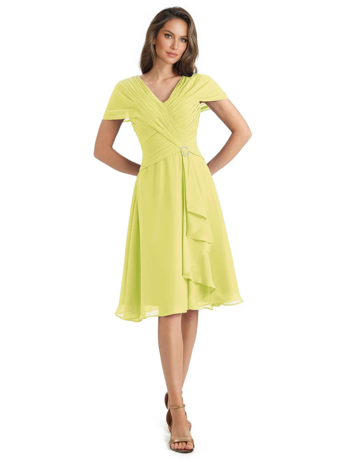 Mother of the Bride Dress Knee-Length V-Neck Chiffon Gown with Ruched Bodice