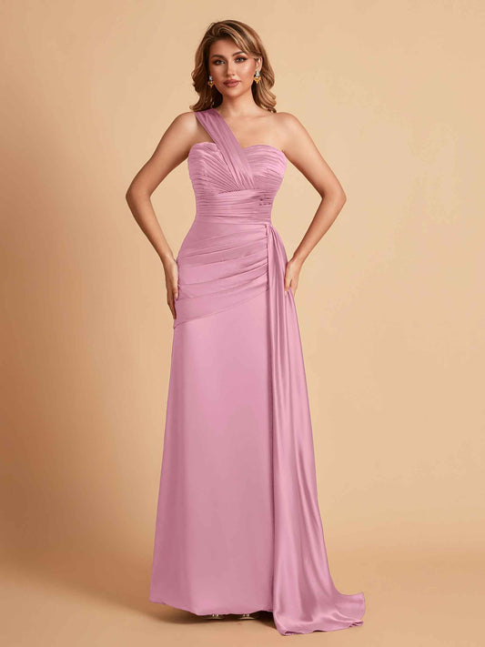 Sexy Satin Sheath One Shoulder With Train Elegant Long Bridesmaid Dresses